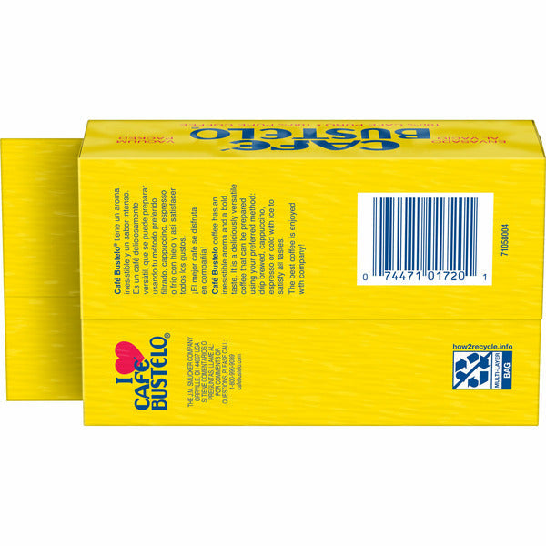 Yellow packaging of Cafe Bustelo coffee with branding and a barcode on a white background. Café Bustelo Roast & Ground Coffee
