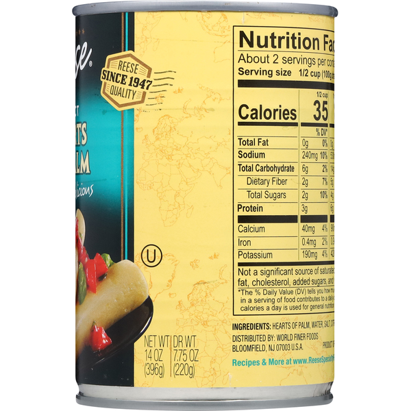 Can of food with nutrition label on a white background. Reese Select Hearts of Palm tender and delicious Non GMO Project Certified Reese company quality since 1947.
