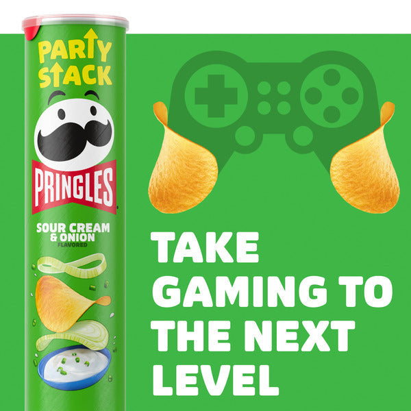 Pringles Party Stack can with gaming controller and chips graphic on a green background