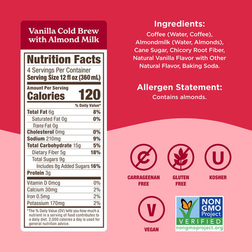 Vanilla Cold Brew Coffee with Almond Milk nutrition facts and ingredients label showing allergen information, vegan, gluten-free, carrageenan-free, kosher, and Non-GMO Project Verified certifications.