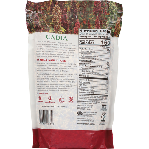 Back view of a Cadia package with nutritional information and cooking instructions.