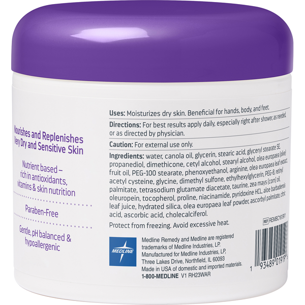 Container of moisturizing cream with purple lid and white label displaying text and branding.