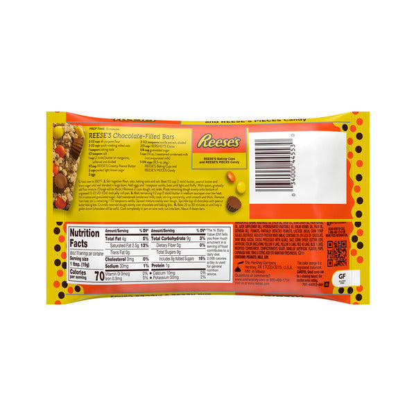 Reese's chocolate-filled bar packaging with nutrition facts label on a white background