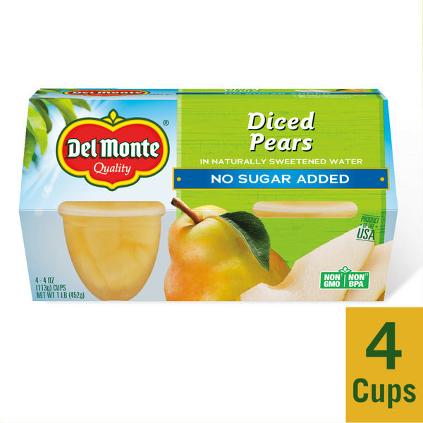Del Monte Diced Pears in Water, No Sugar Added Fruit Cups