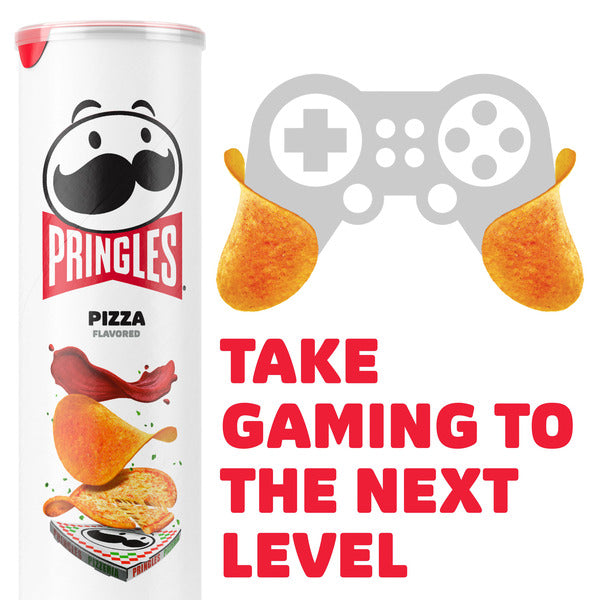 Pringles pizza-flavored can with gaming controller and chips graphic on a white background