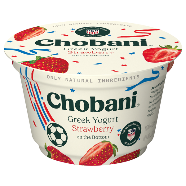 Chobani strawberry Greek yogurt container on a white background