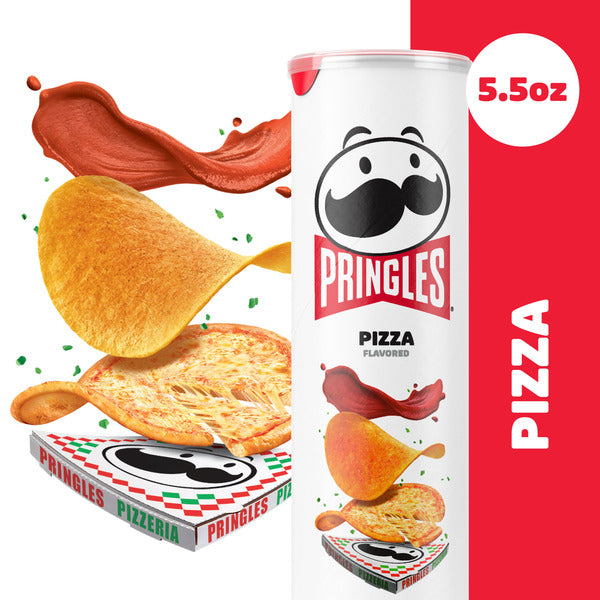 Pringles Pizza-flavored potato chip can with visual elements of pizza and chips on a white and red background.