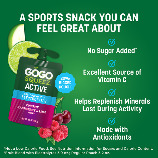 GoGo Squeez Active Electrolyte No Sugar Added Cherry Raspberry Lime Fruit Blend