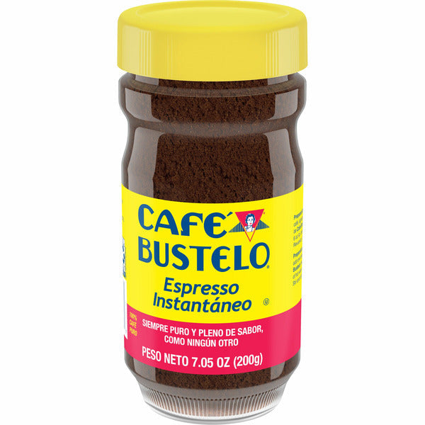 Jar of Cafe Bustelo Espresso Instantáneo with yellow lid and label on a white background