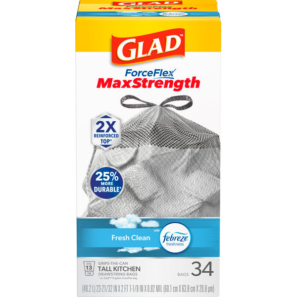 Glad ForceFlex MaxStrength Tall Kitchen Trash Bags, 13 Gallon, Fresh Clean Scent