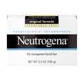 Neutrogena fragranc-free transparent facial bar packaging on a white background. Original formula NET WT 3.5 OZ (100 g)