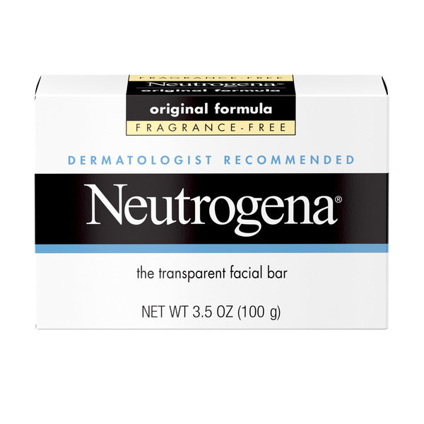 Neutrogena fragranc-free transparent facial bar packaging on a white background. Original formula NET WT 3.5 OZ (100 g)