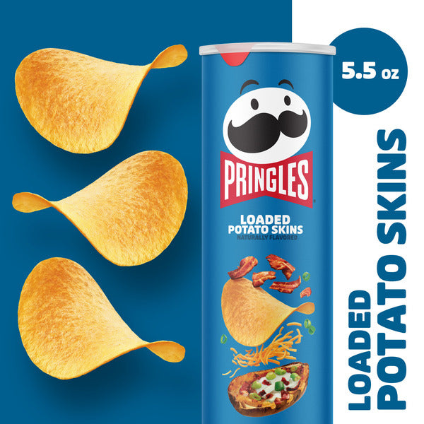 Pringles Loaded Potato Skins can with chips on a blue background
