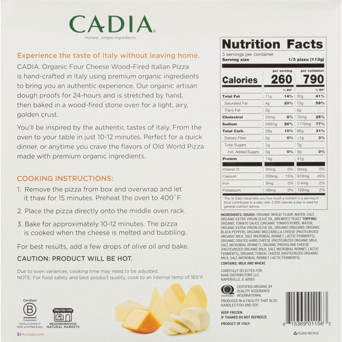 CADIA Italian Pizza, Four Cheese, Organic, Wood-Fired