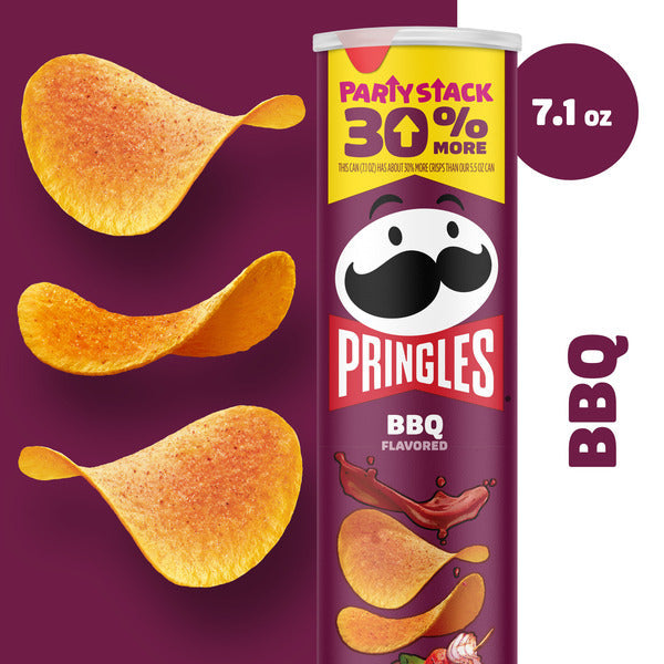 Pringles BBQ flavored potato chip can with chips on a purple background