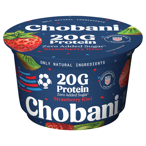 Chobani Zero Added Sugar Lowfat Greek Yogurt, Strawberry Kiwi flavor, high-protein yogurt cup with 20g protein on a white background.