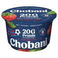 Chobani Zero Added Sugar Lowfat Greek Yogurt, Strawberry Kiwi flavor, high-protein yogurt cup with 20g protein on a white background.