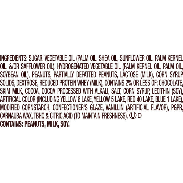 Ingredients list on a white background. Reese's Peanut Butter Baking Cups and Candy Bag, 8.5 oz