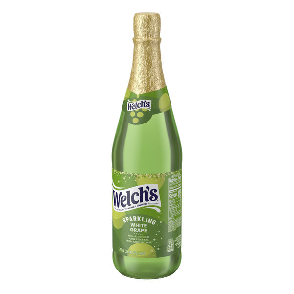 Welch's Sparkling Non-Alcoholic White Grape Juice Cocktail bottle with gold foil top on a white background. Alcohol-free sparkling white grape beverage for celebrations, holidays, parties, and special occasions.