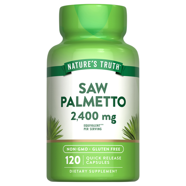 Green supplement bottle labeled 'Saw Palmetto 2,400 mg' by Nature's Truth on a white background.