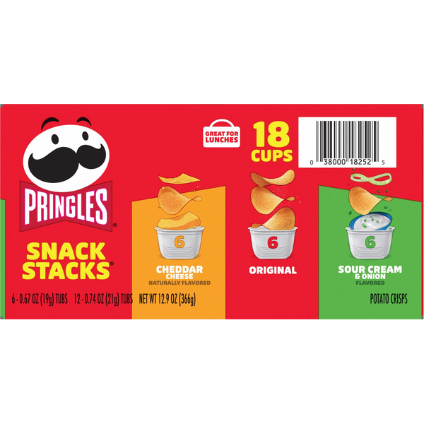 Pringles snack stacks packaging with three flavors on a red background