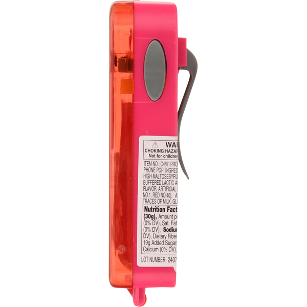 Side profile of the Kidsmania Watermelon Flip Phone Pop novelty candy in a pink and translucent red flip phone case, showing the nutrition label, gray side button, and belt clip on a white background.