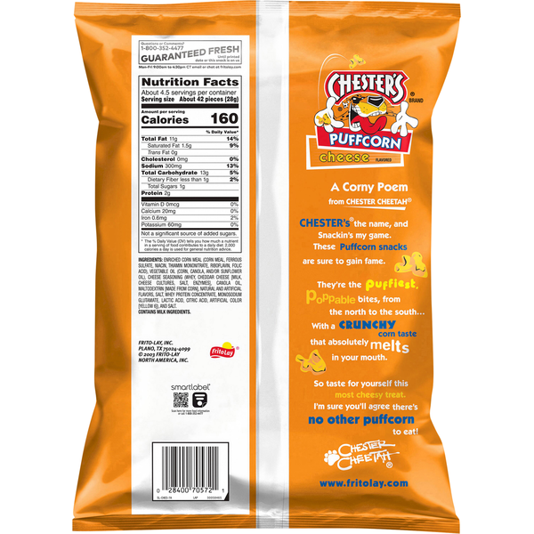 Chester's Puffcorn Snacks, Cheese Flavored