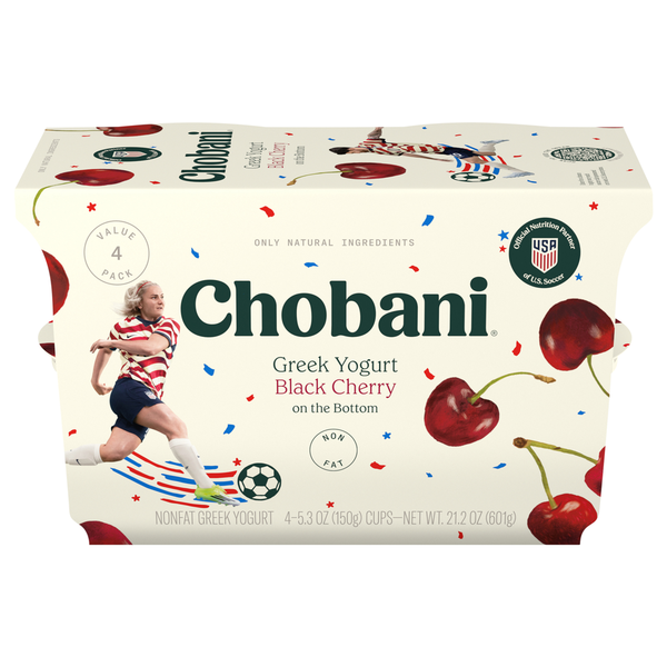 Chobani Greek Yogurt Black Cherry packaging with a soccer-themed design.
