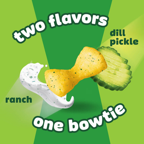 Product packaging with two flavors, dill pickle and ranch, on a green background.