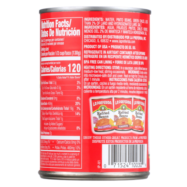 La Preferida Refried Beans with Mild Green Chiles (con Chiles Verdes)