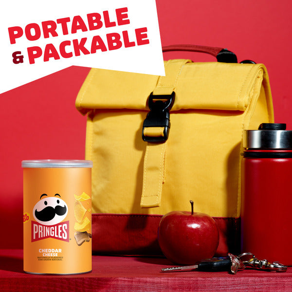Yellow backpack, Pringles can, red apple, and red thermos on a red background with 'Portable & Packable' text.