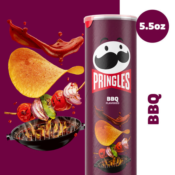 Pringles BBQ flavor canister with chips and grill graphics on a purple background