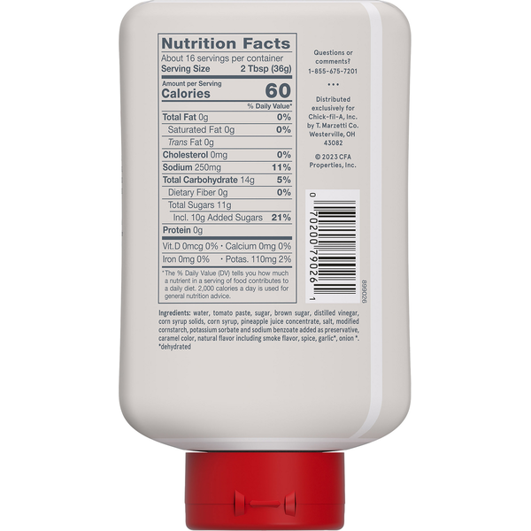 Chick-fil-A Barbeque Sauce nutrition facts label, 16 fl oz squeeze bottle back label, nutrition information panel, ingredient list, barcode, sweet and smoky barbecue sauce, BBQ dipping sauce, Chick-fil-A signature barbecue sauce, 60 calories per serving, condiment nutrition label, barbecue sauce ingredients, food packaging back, squeeze bottle packaging, grocery condiment, pantry staple, dipping sauce details, grilling sauce, marinade sauce, chicken sauce, burger topping, fries dipping sauce, sandwich condi
