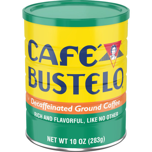 Cafe Bustelo decaffeinated ground coffee can on a white background. Café Bustelo Decaffeinated Medium-Dark Roast Ground Coffee