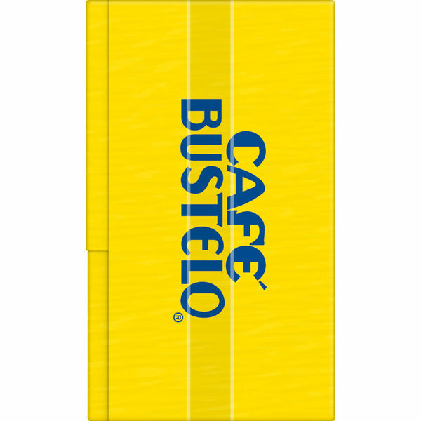 Cafe Bustelo coffee packaging with yellow background and blue text. Café Bustelo Roast & Ground Coffee