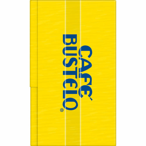 Cafe Bustelo coffee packaging with yellow background and blue text. Café Bustelo Roast & Ground Coffee