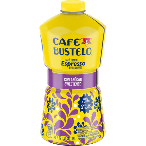 Cafe Bustelo coffee bottle with yellow and purple design on a white background. Café Bustelo Sweetened Iced Coffee