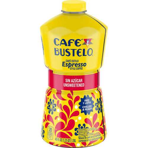 Cafe Bustelo unsweetened coffee bottle with colorful design on a white background. Café Bustelo Unsweetened Espresso-Style Iced Coffee