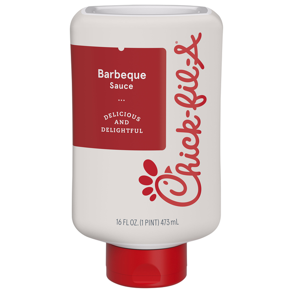 Chick-fil-A Barbeque Sauce 16 fl oz squeeze bottle, sweet and smoky barbecue dipping sauce, signature Chick-fil-A BBQ sauce, tangy bold flavor, barbecue condiment for chicken nuggets, chicken sandwiches, fries, burgers, hot dogs, ribs, pulled pork, grilled meats, sandwiches, dipping, marinating, grilling, picnic, cookout, family size 16 oz bottle on white background.