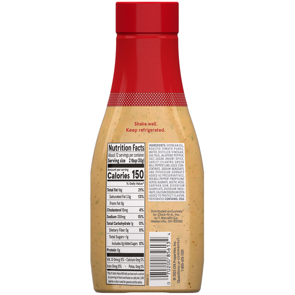 Chick-fil-A Creamy Salsa Dressing back label, nutrition facts, ingredients list, barcode, storage instructions, 12 fl oz refrigerated creamy salsa salad dressing bottle with red cap, signature Chick-fil-A condiment, creamy Tex-Mex dressing, dipping sauce, sandwich spread, taco salad dressing, burrito bowl sauce, chicken dipping sauce, grocery food product, product packaging back view on white background.