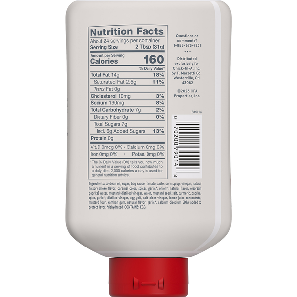 Chick-fil-A Sauce nutrition facts label, ingredients list, barcode, squeeze bottle back view, signature chicken dipping sauce, smoky honey mustard sauce, tangy barbecue flavor, creamy sauce nutrition information, condiment bottle label, serving size, calories, allergen information, packaged dipping sauce, fast food sauce, sandwich sauce, chicken nugget sauce, fries dipping sauce, squeeze condiment bottle, grocery pantry staple, original Chick-fil-A sauce, ready-to-use condiment, food packaging, nutritional 