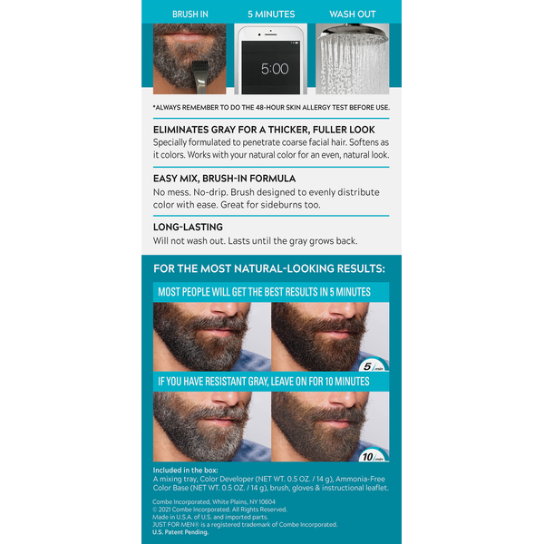 Just For Men Mustache & Beard Hair Color instructions showing brush-in application, 5-minute processing time, rinse-out step, gray coverage results, and before-and-after beard color examples.