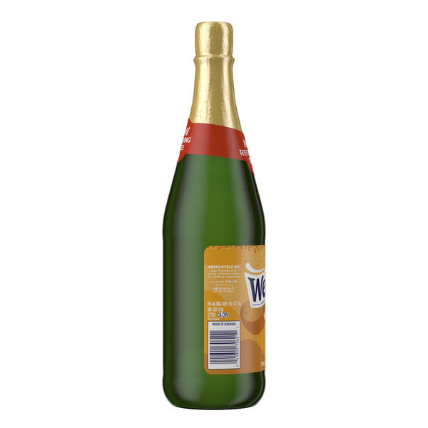 Welch's Non-Alcoholic Sparkling Crisp Apple Juice Cocktail bottle shown from the back with gold foil neck, green glass bottle, nutrition label, and barcode on a white background.