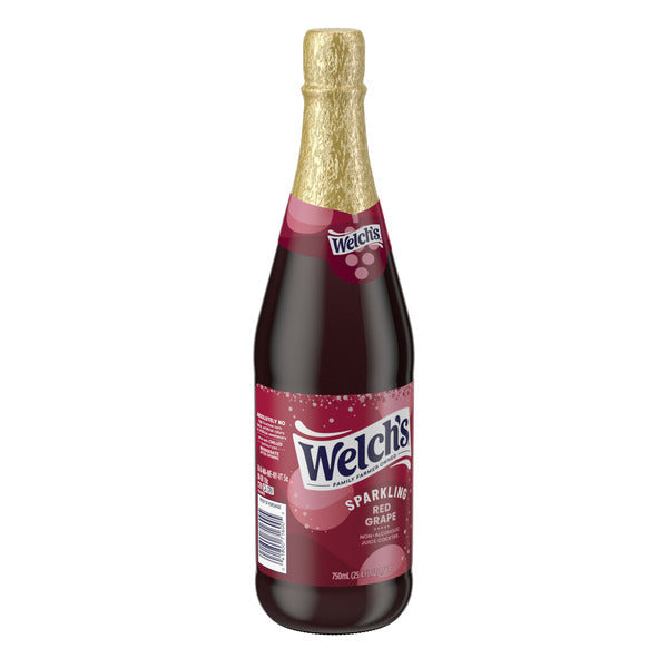 Welch's Sparkling Non-Alcoholic Red Grape Juice Cocktail bottle with gold foil top on a white background.