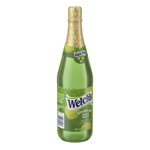Welch's Sparkling Non-Alcoholic White Grape Juice Cocktail bottle with gold foil neck on a white background. Alcohol-free sparkling white grape beverage for celebrations, holidays, and special occasions.
