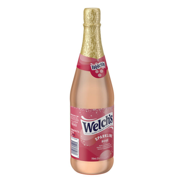 Welch's Sparkling Rosé Non-Alcoholic Beverage bottle with gold foil neck, blush pink sparkling juice, and pink Welch's label on a white background.