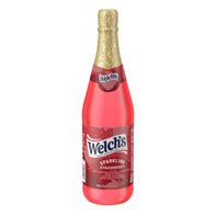 Bottle of Welch's Sparkling Strawberry non-alcoholic sparkling juice beverage with a gold twist cap on a white background. Refreshing fruit-flavored drink made with grape juice, perfect for celebrations, parties, holidays, and everyday enjoyment.