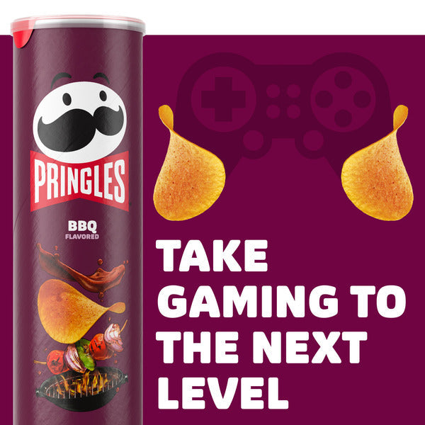 Pringles BBQ flavored can with gaming theme on a purple background