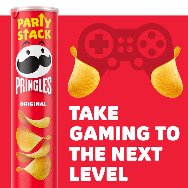 Pringles Party Stack can with gaming theme on a red background