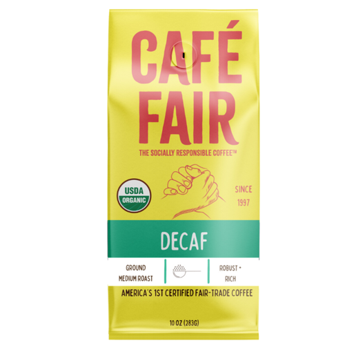 Café Fair decaf coffee package on a white background
